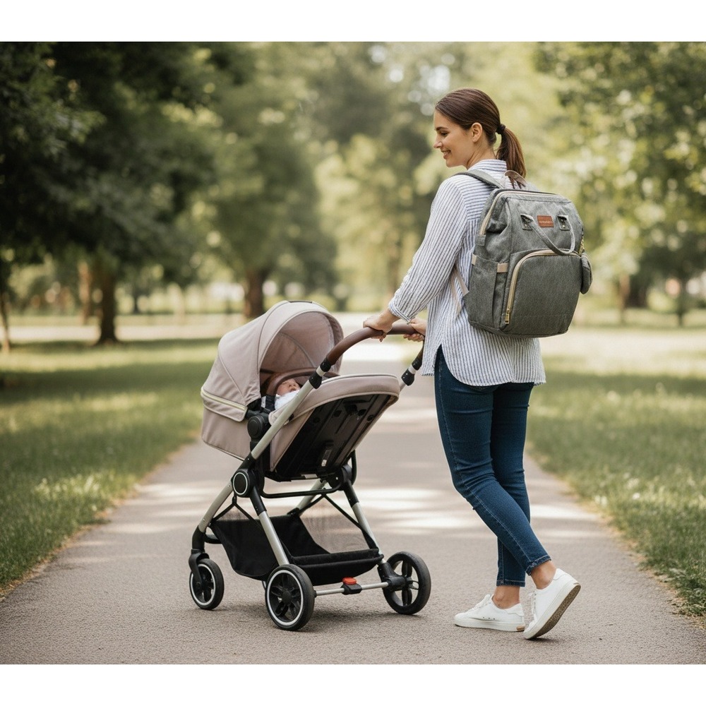 Woomada Gray Diaper Bag Backpack with Fold Out Changing Station and Pacifier Pod